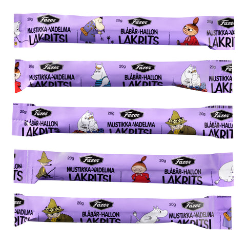 Box of Moomin blueberry-rasberry liquorice bars by Fazer